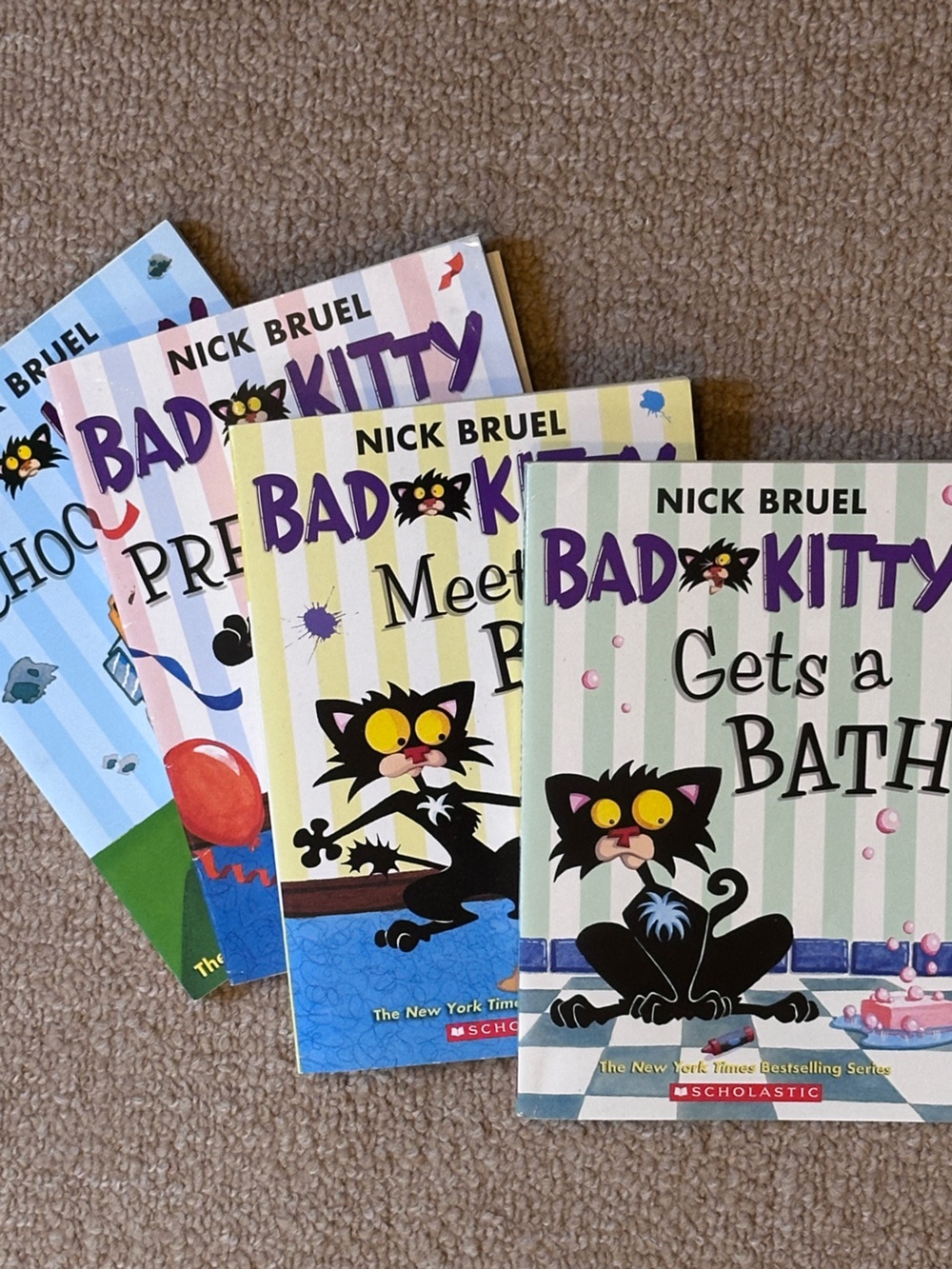 Set of 4 Bad Kitty Books Bath School New Baby Kids NYT Bestseller READ DESCRIP